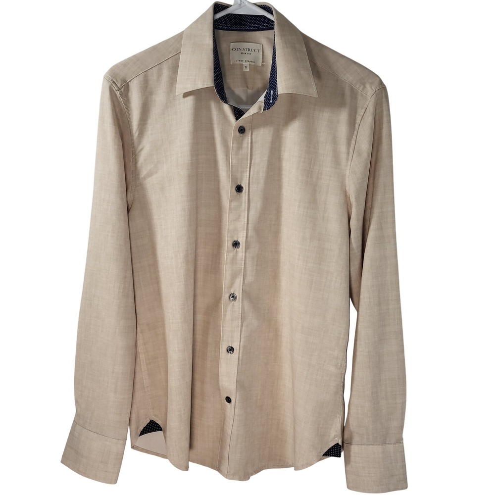 CON.STRUCT Mens Slim Fit Dress Shirt‎ Tan 4-Way Stretch Polka Dot Trim Small